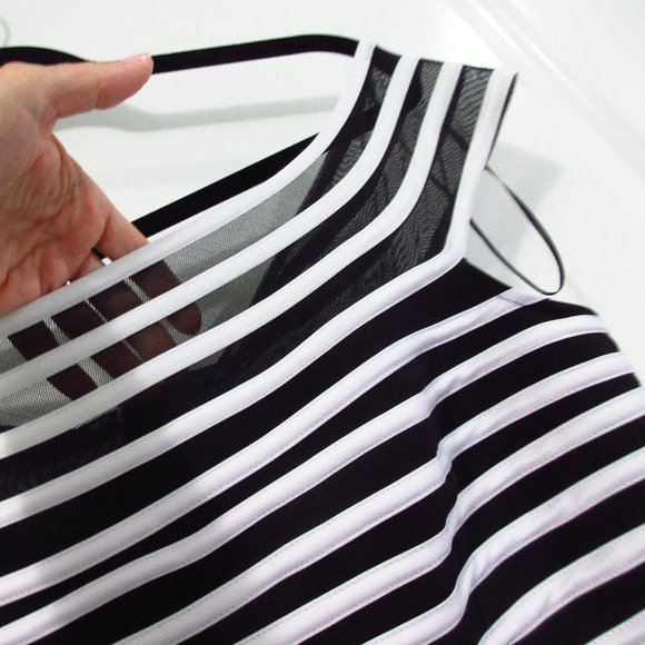 JS Signature striped mesh peplum top Blk/Wht 12 - Picture 3 of 6